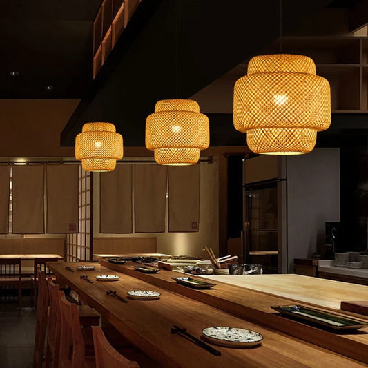 Handwoven Bamboo &amp; Wood Pendant Light – E27 Hanging Fixture