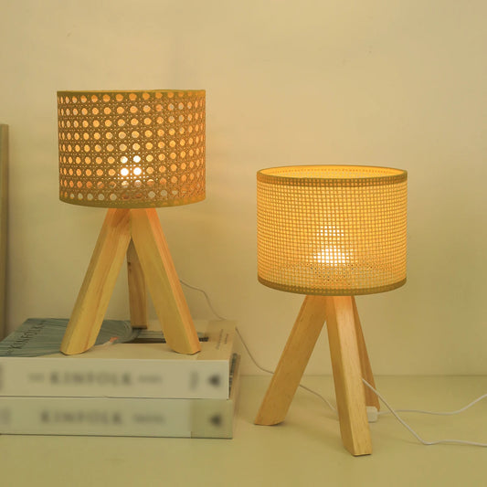Modern Yellow Wooden Table Lamp – Hand-Knitted Shade, Up &amp; Down Light