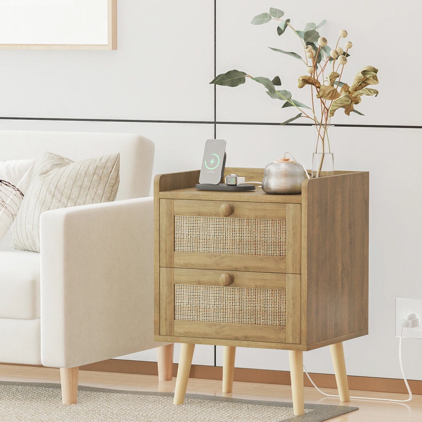 Boho Rattan Nightstand with Charging Station – Modern Countryside Style