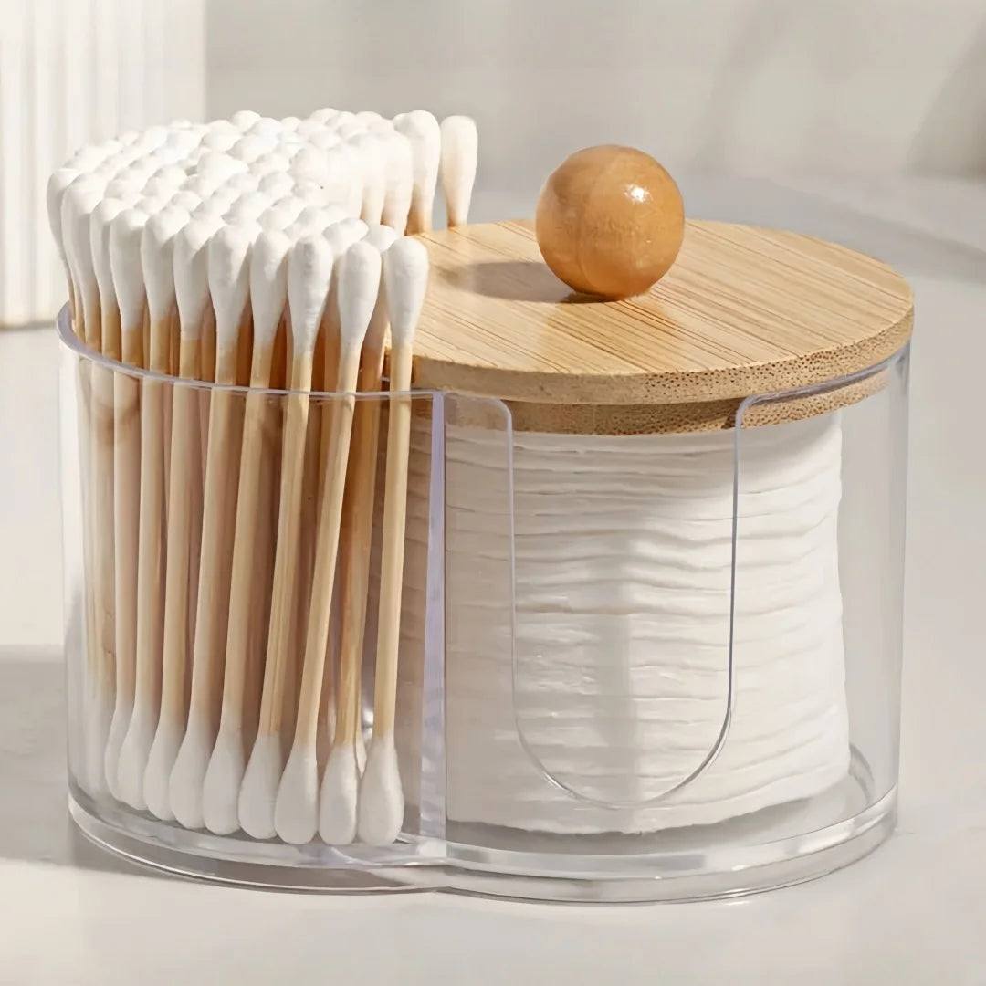 2-in-1 Cotton Swab &amp; Storage Box – Dustproof Organizer with Wooden Lid