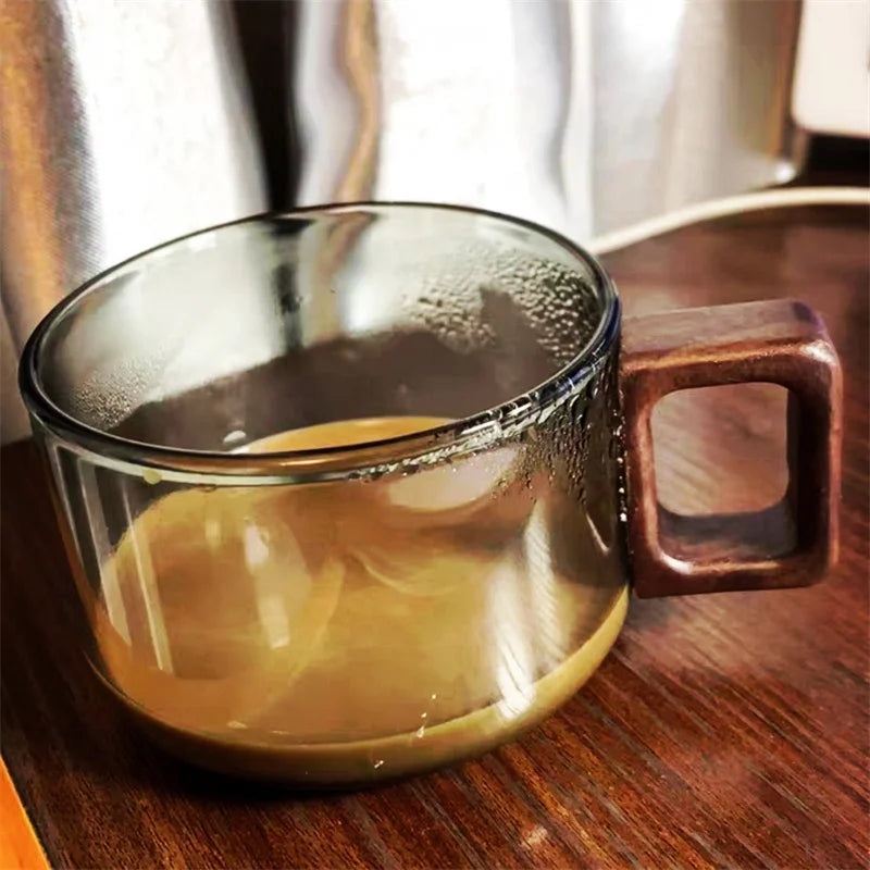American Latte Glass Coffee Mug with Wooden Tray &amp; Spoon