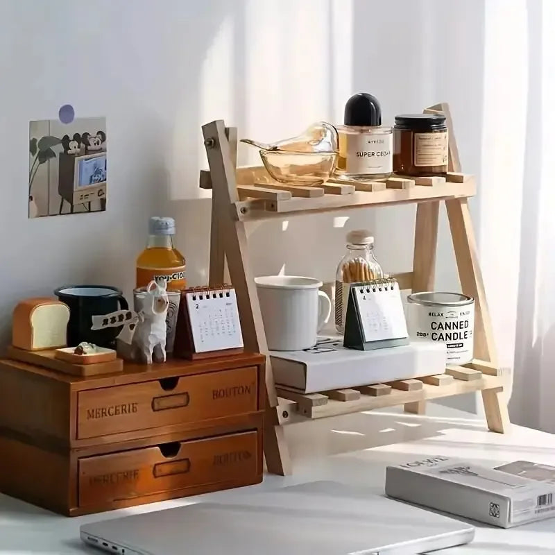 2-Tier Wooden Desktop Organizer Shelf – Trapezoidal Design