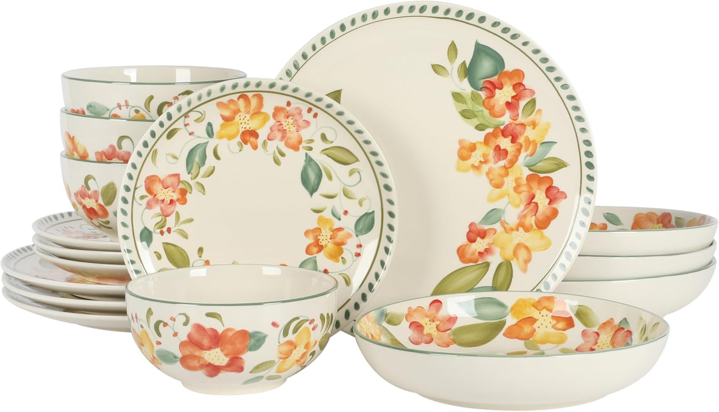 Oprah'S Favorite Things - Posy Blossom Double Bowl Hand Painted Stoneware Plates and Bowls Floral Dinnerware Set, Service for Four (16Pcs)