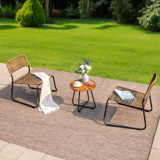 3 Pieces Bistro Wicker Patio Set for 2, Outdoor Wood Bistro Table and Chairs Set of 2, Small Outdoor Dining Seating Sets for 2, Yellow-Brown, Porch, Balcony