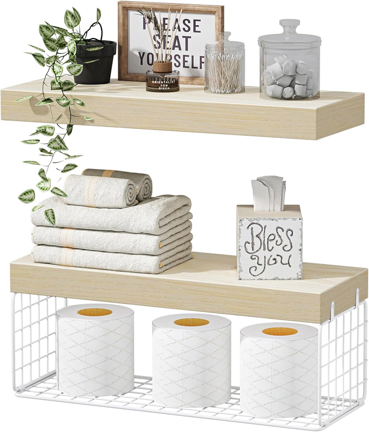 Bathroom Shelves over Toilet - Wall Mounted Floating Shelves Toilet Paper Storage Small Farmhouse Decor Shelf 16 Inch Set of 2, Rustic Brown (019-BN2)