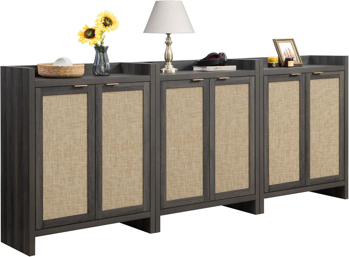 Shoe Cabinet, 24 Pair Shoe Storage Organizer Cabinet, 41" Tall Rattan Shoe Cabinet with Doors and Shelves, 6-Tier Farmhouse Boho Wooden Storage Cabinet for Entryway Hallway Closet