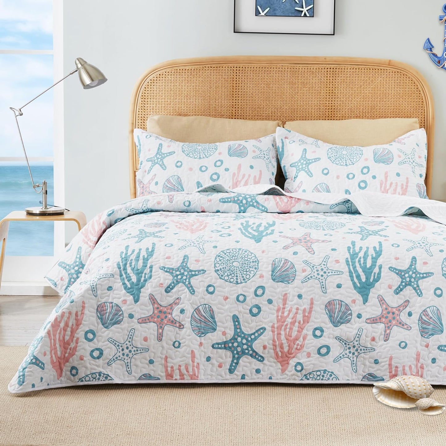 Twin Quilt Bedding Set Coastal White Bedspreads - Soft Bed Summer Beach Nautical Quilt Lightweight Bedspread- Reversible Bedding Coverlet for All Season - 2 Piece (1 Quilt, 1 Pillow Sham)