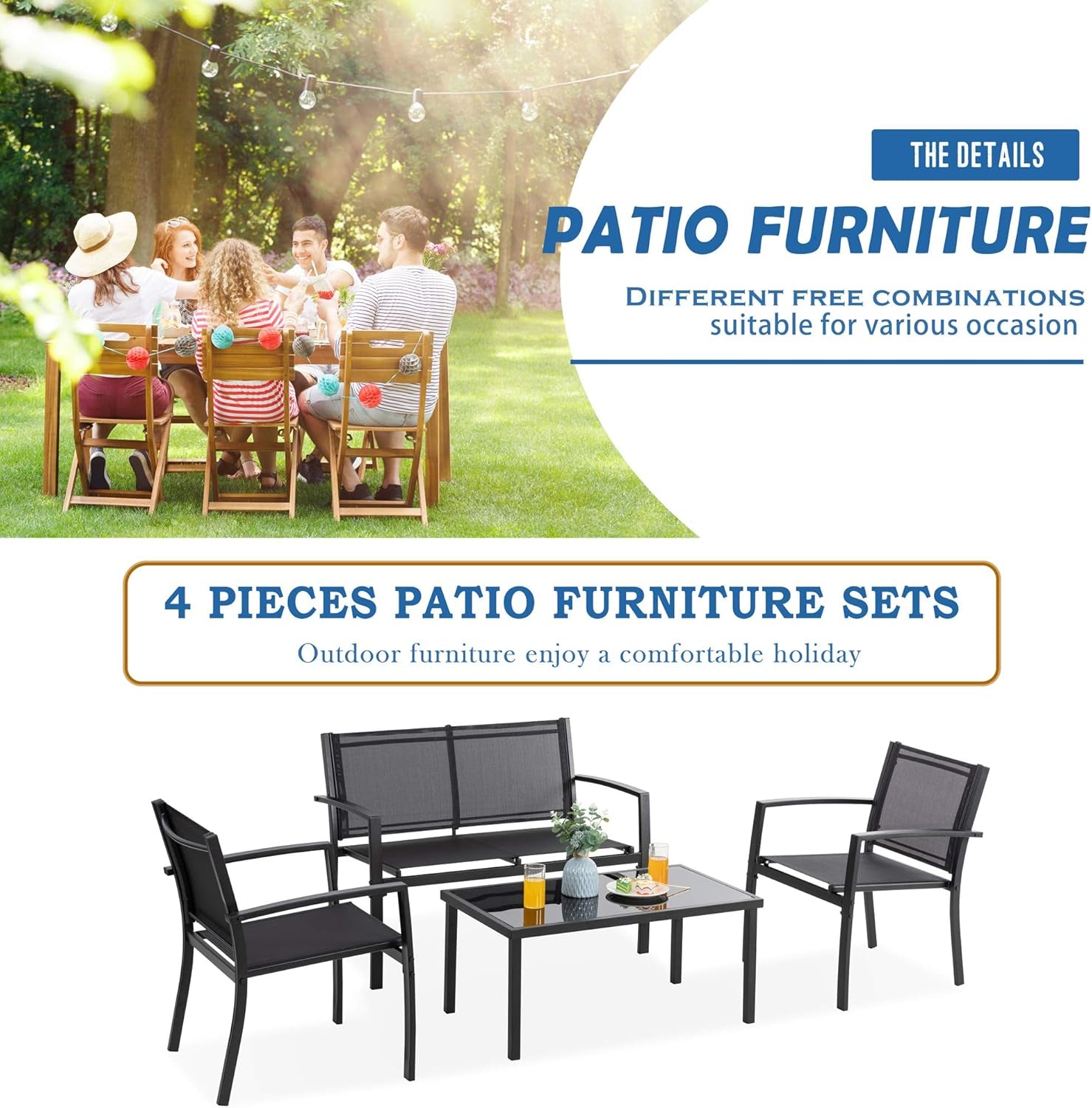4 Pieces Patio Furniture Sets,Outdoor Patio Conversation Sets with Glass Coffee Table, Small Porch Balcony Furniture, Patio Table and Chairs Set for Garden, Backyard (Black)