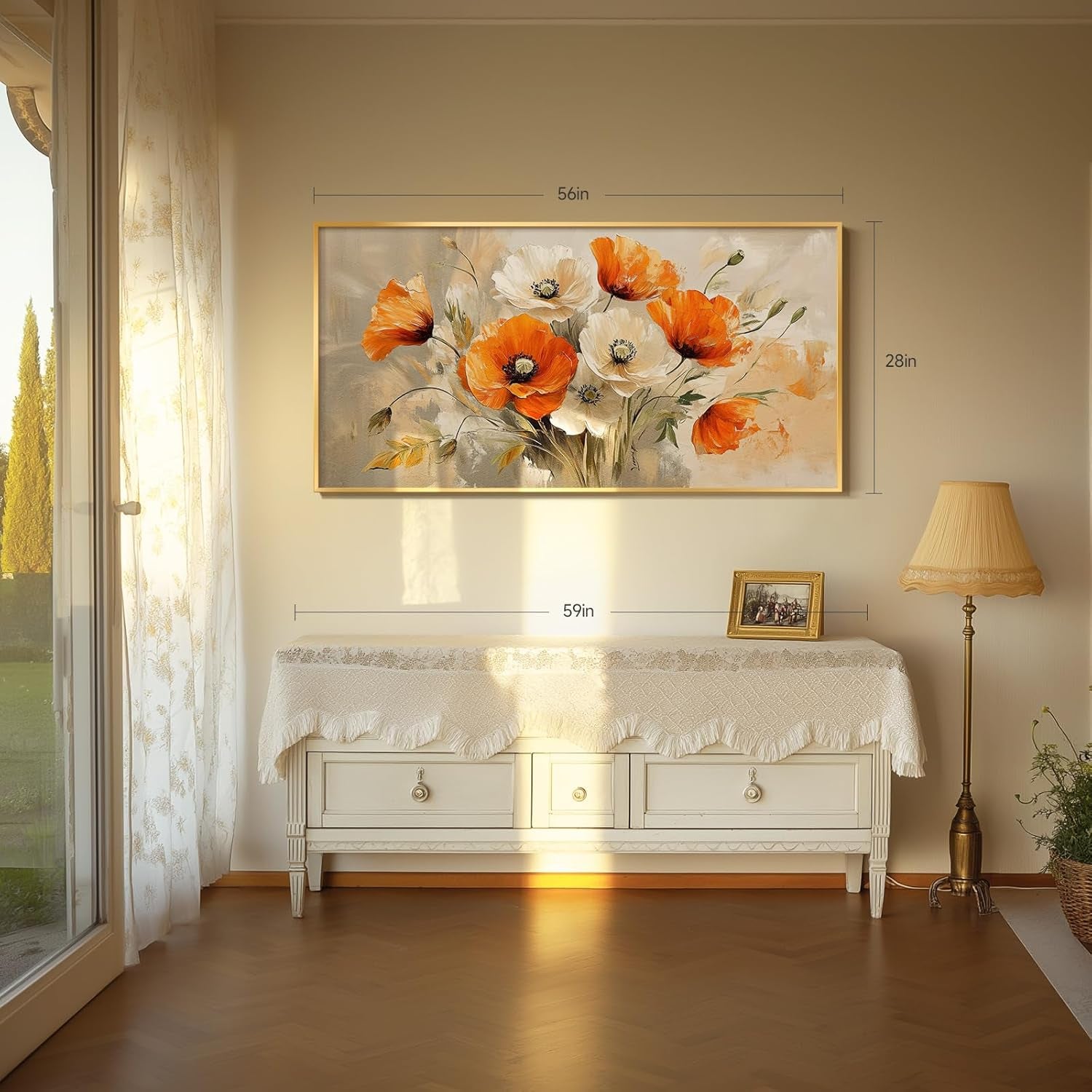 Extra Large Framed Floral Wall Art for Living Room, Colorful Bright Orange and White Flowers Canvas Artwork for Walls, Contemporary Blossom Watercolor Painting Picture Prints for Bedrooom Hallway 30X60 Inch