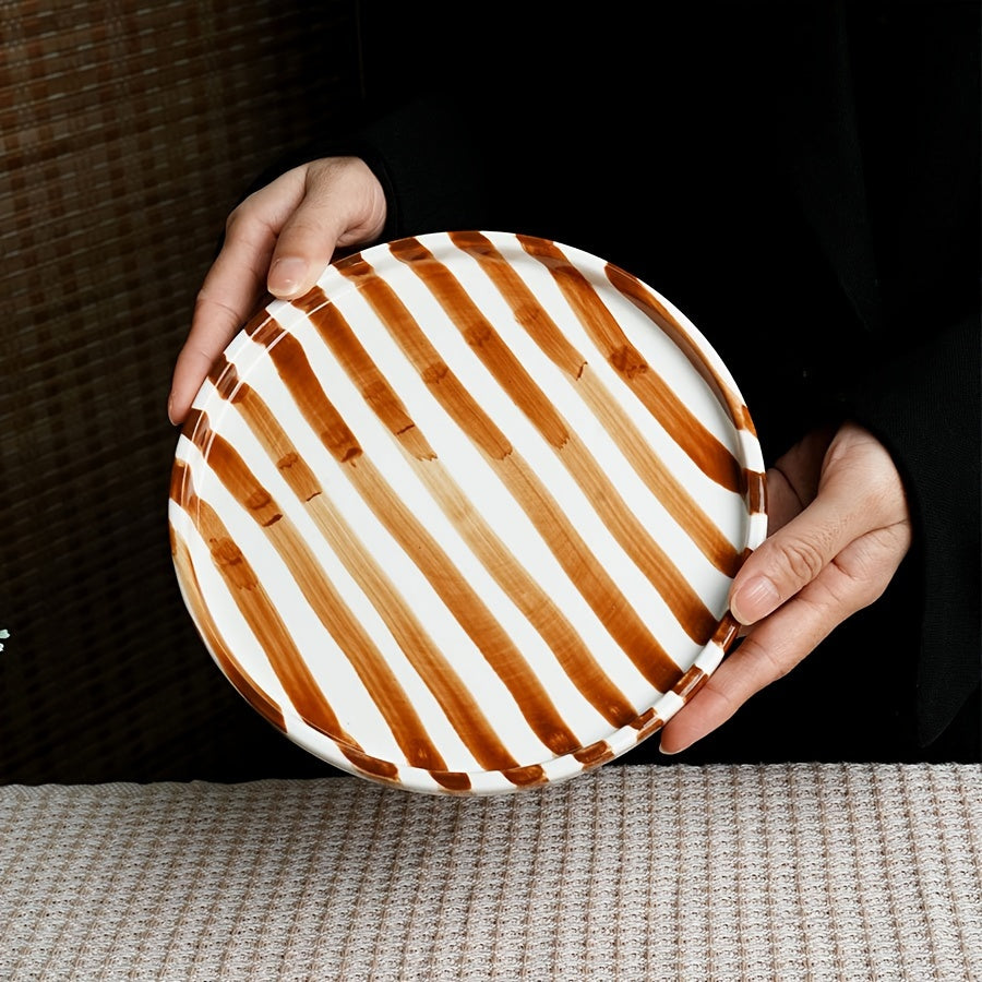 Striped Ceramic Dinner Plate – Modern Round Tableware