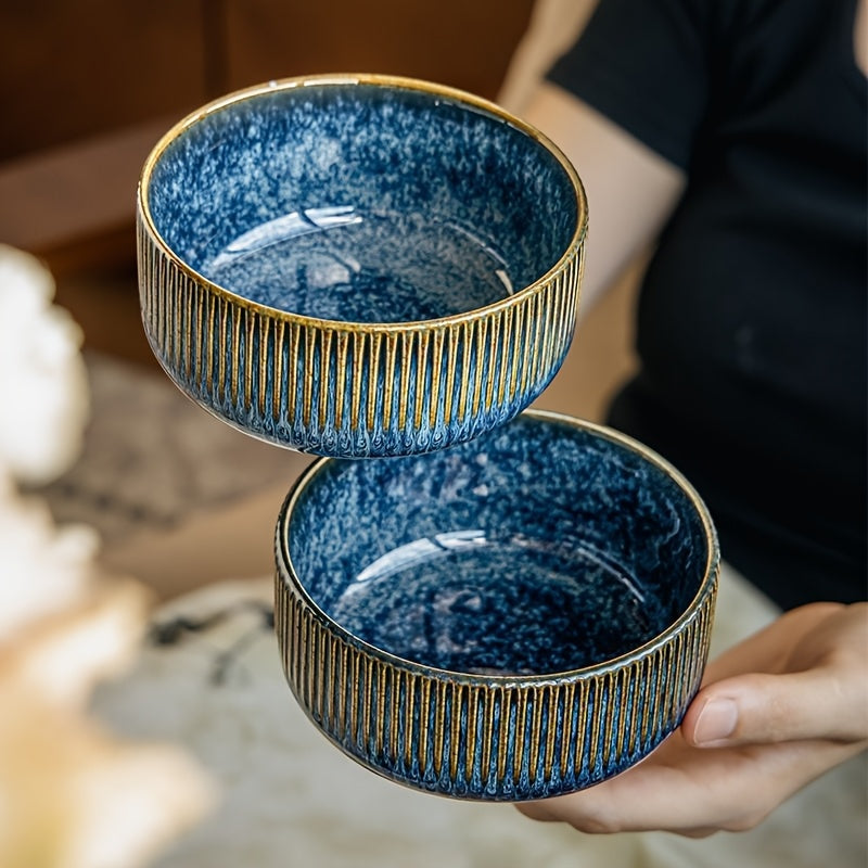 4pcs Retro Vertical Stripe Ceramic Rice Bowls, 4.5” Microwave-Safe Soup & Snack Bowls
