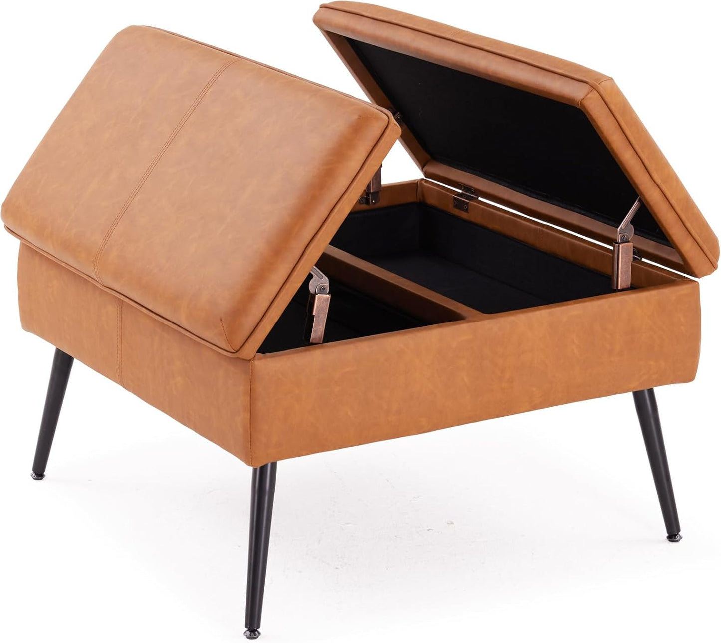 Storage Ottoman Upholstered Stool with Padded Seat, Tufted Vanity Stool with Metal Legs, Accent Stool, Faux Leather, Cognac Brown