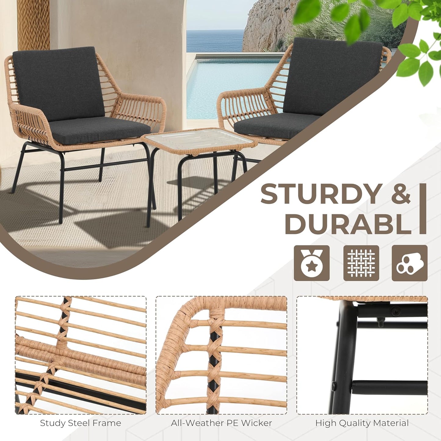 3 Piece Outdoor Patio Furniture Set, Rattan Conversation Sets, All-Weather Wicker Chairs with Cushions and Coffee Table, for Garden Balcony Courtyard Poolside
