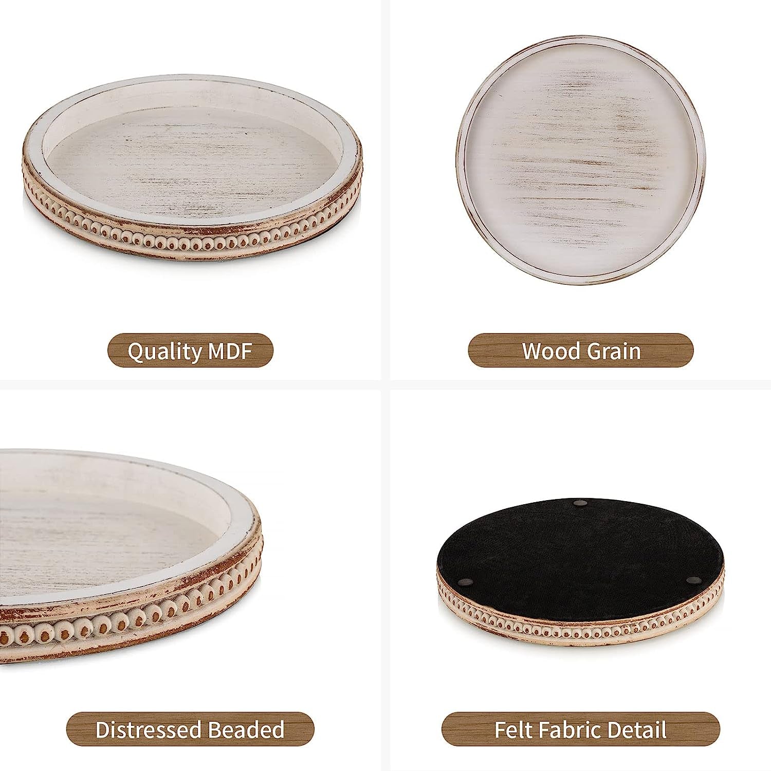 Decorative Serving Tray Wood: White Washed Bead round Tray Decor for Coffee Table Rustic Wooden Trays Farmhouse Centerpiece for Living Room Kitchen Counter