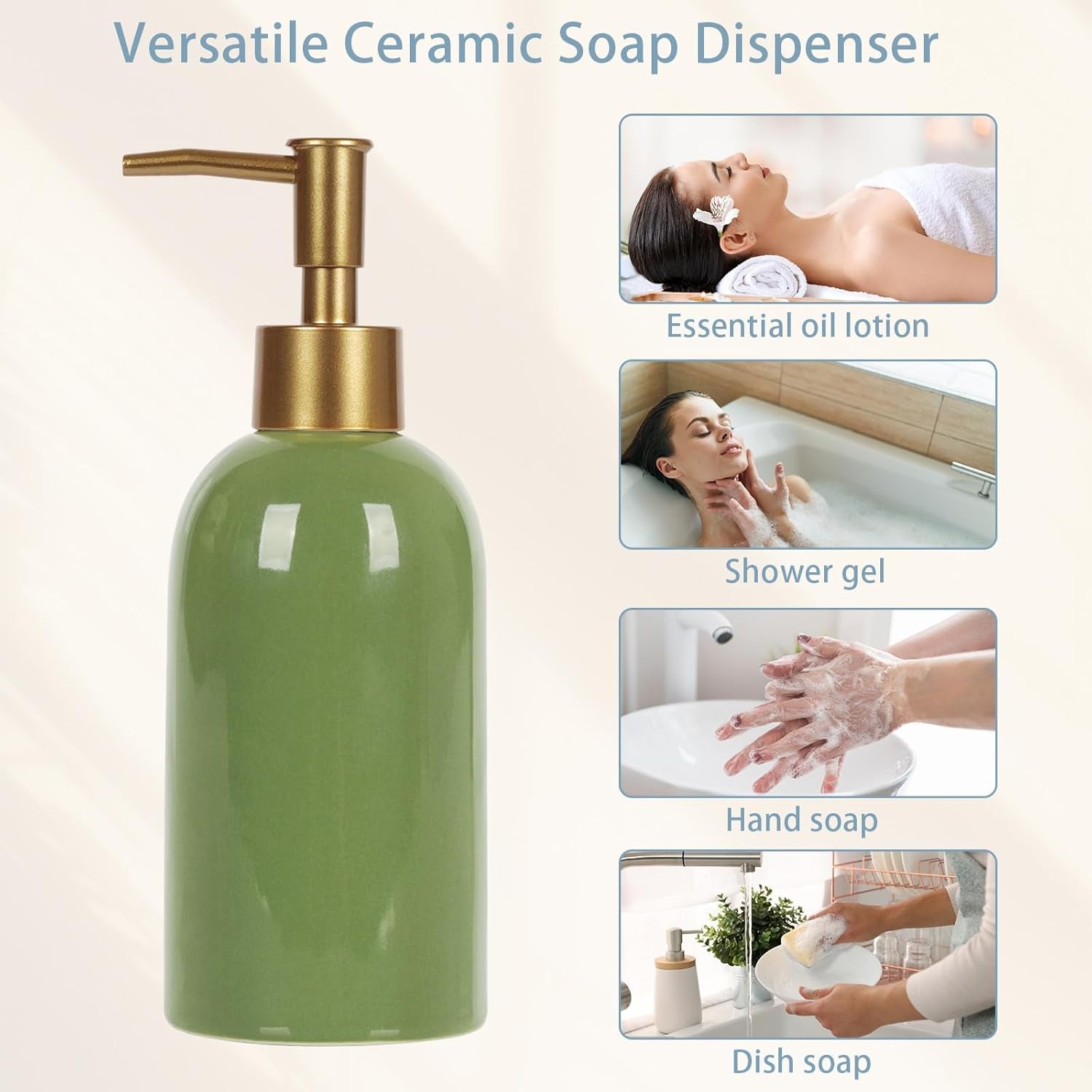 14OZ Ceramic Soap Dispenser Ceramic Soap Pump Dispenser Can Fill Liquid for Bathroom/Kitchen (Green)