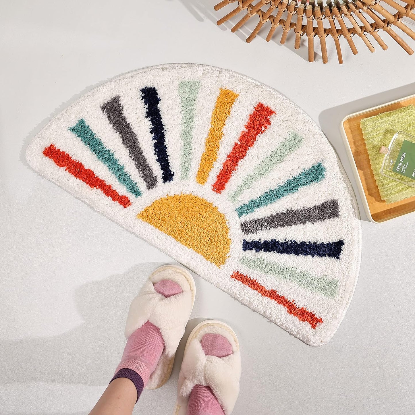Colorful Boho Bath Mat Half round Water Absorbent Non-Slip Bathroom Rugs, Machine Washable Soft Microfiber Sun Bath Rug for Bathroom, Shower, Room