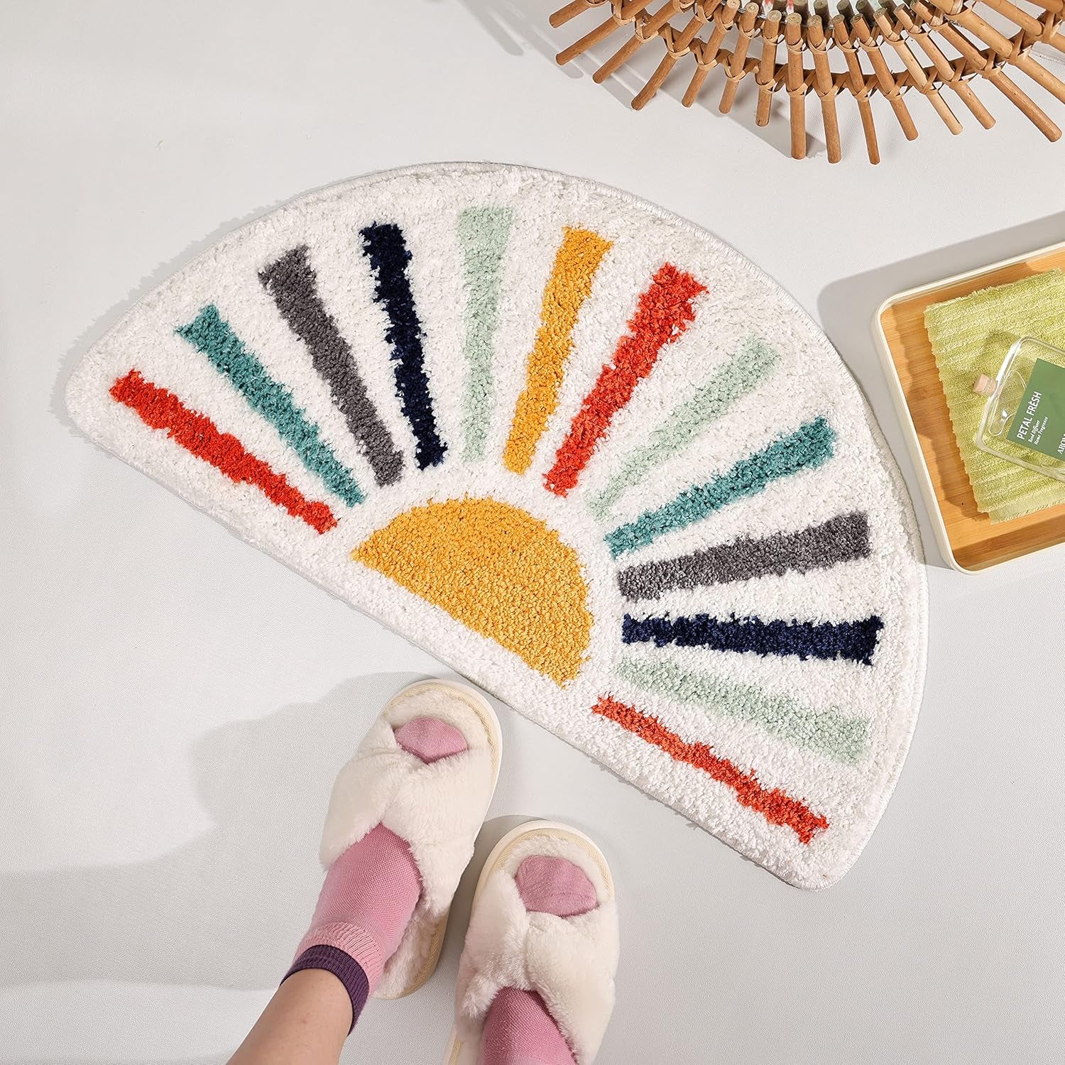 Colorful Boho Bath Mat Half round Water Absorbent Non-Slip Bathroom Rugs, Machine Washable Soft Microfiber Sun Bath Rug for Bathroom, Shower, Room