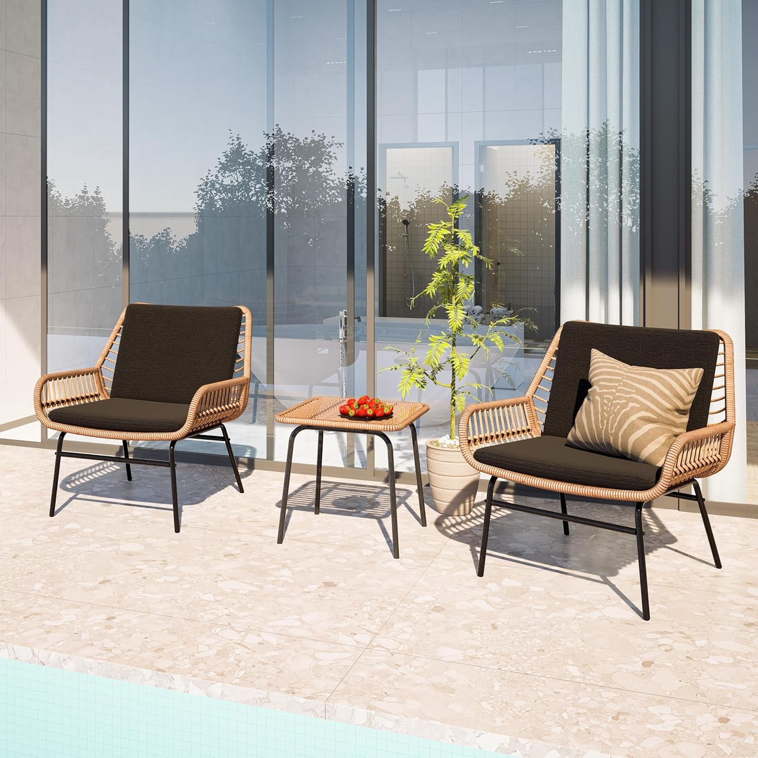 3 Piece Outdoor Patio Furniture Set, Rattan Conversation Sets, All-Weather Wicker Chairs with Cushions and Coffee Table, for Garden Balcony Courtyard Poolside