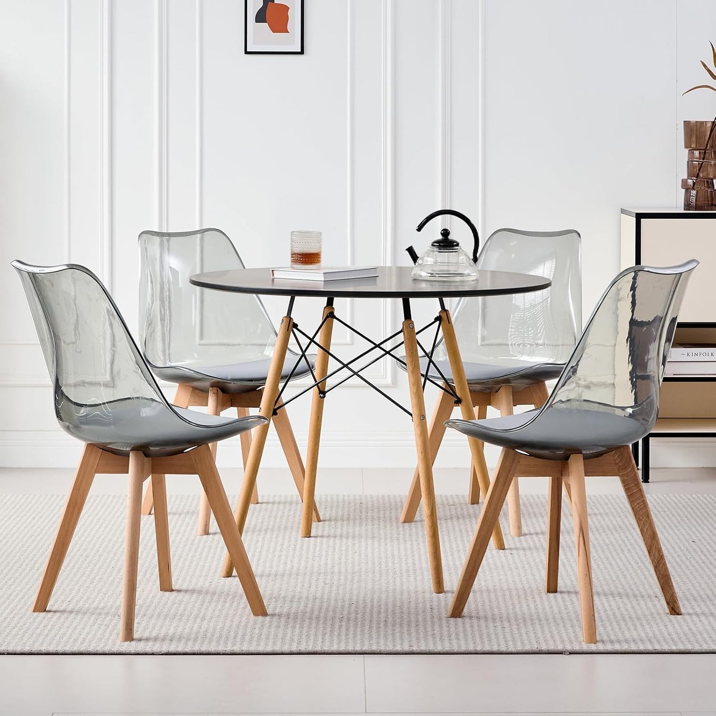 5-Piece round Dining Table Set, Small 31.5" Kitchen Table Chairs Set of 4 Space Saving Furniture, Plastic Seats, Solid Wood Legs, for Living Room Apartment Office Home, Green