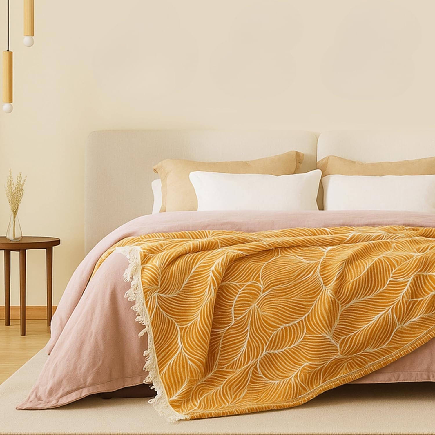 Boho Throw Blanket for Couch, Chenille Cotton Lightweight Summer Throw Blanket for Bed Sofa Chair Living Room Outdoor Soft Woven Decorative Blanket with Tassel Gift Orange Leaves 55"X60"