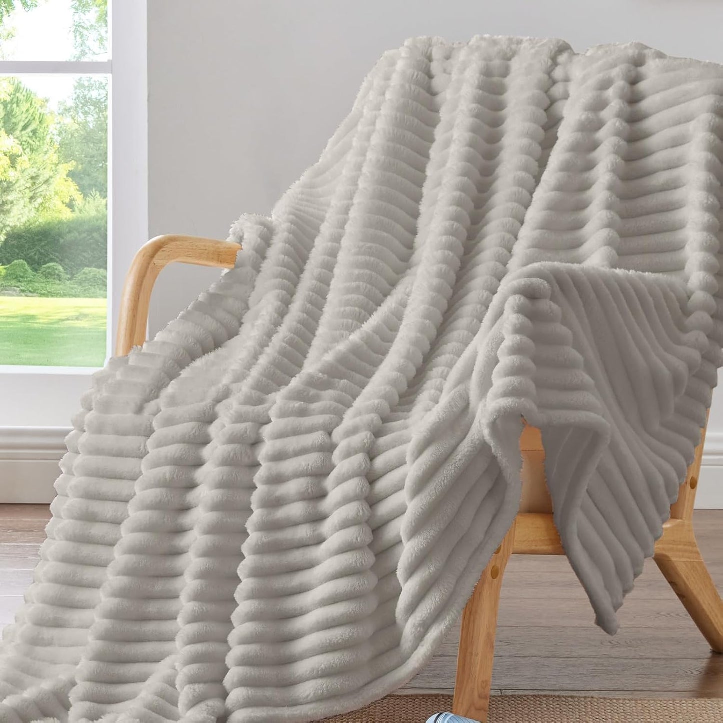 Fleece Throw Blanket for Couch - 300GSM Soft & Warm Fluffy Cream White Blanket, Decorative and Giftable Striped Blankets for Women, Men, 50"X60"