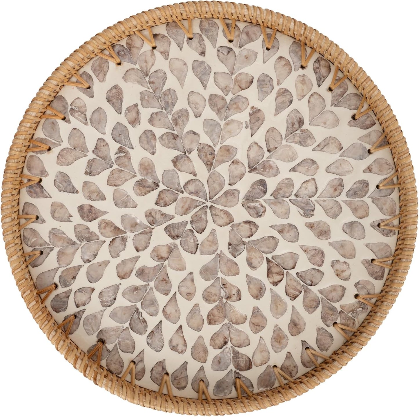 Decorative Coffee Table Trays for Home Decor, round Rattan Tray with Mother of Pearl Inlay, Small Wicker Woven Serving Tray Decor for Kitchen Counter, Living Room and Ottoman, Green