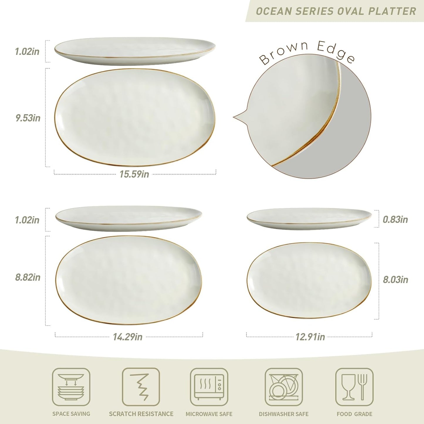 Serving Platter, Oval 15.59/14.3/12.9Inch Serving Dishes for Entertaining, Serving Bowls, Microwave Safe, Stoneware Serving Trays for Party, Food, Turkey, Cheese, Ocean Series, Vanilla White