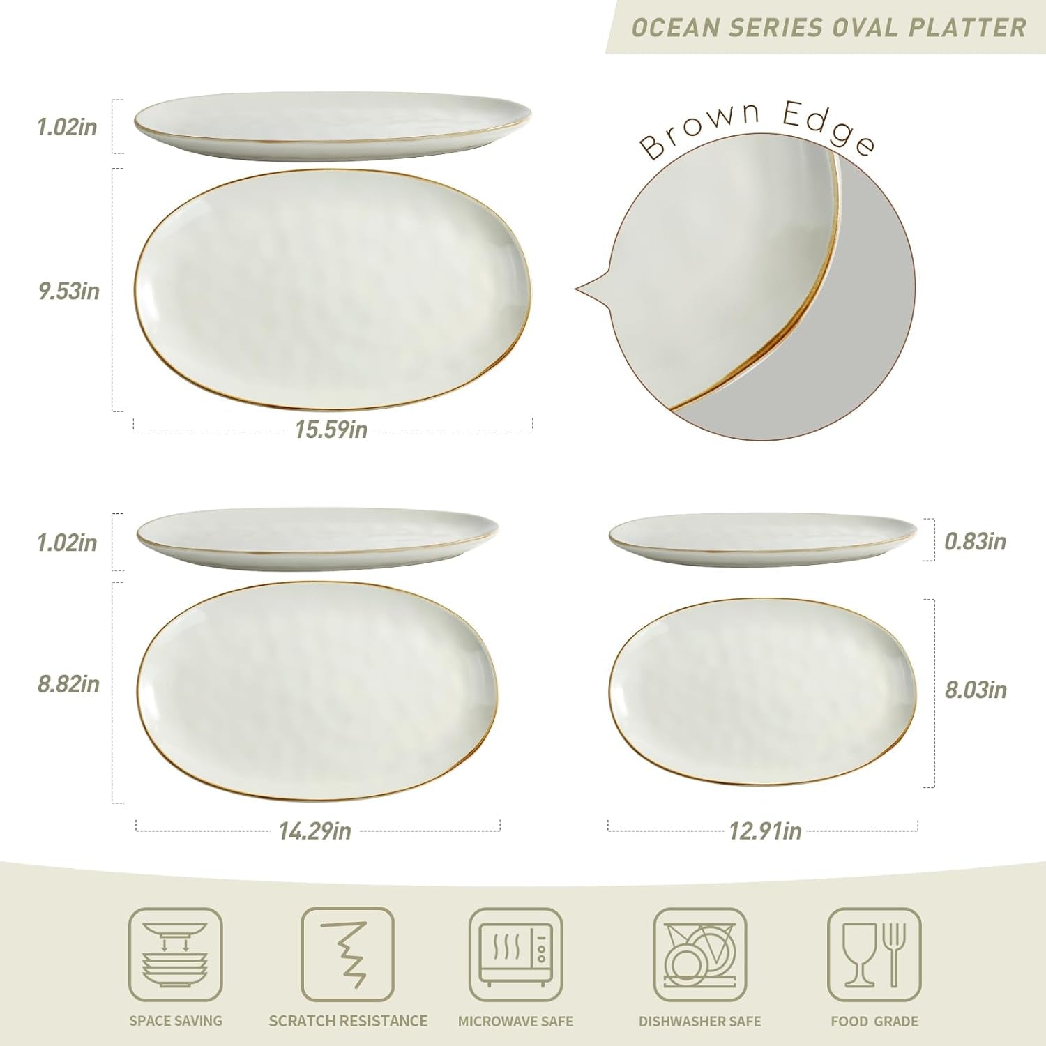 Serving Platter, Oval 15.59/14.3/12.9Inch Serving Dishes for Entertaining, Serving Bowls, Microwave Safe, Stoneware Serving Trays for Party, Food, Turkey, Cheese, Ocean Series, Vanilla White