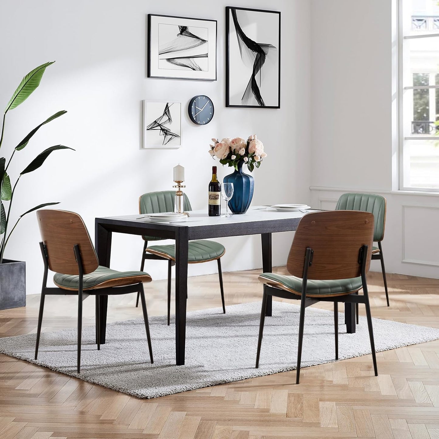 Dining Chairs Set of 2 Mid Century Modern Retro Faux Leather Chair with Walnut Bentwood Upholstered Seat Metal Legs Chairs,Adjustable Foot for Kitchen Dining Room Chairs(Green)