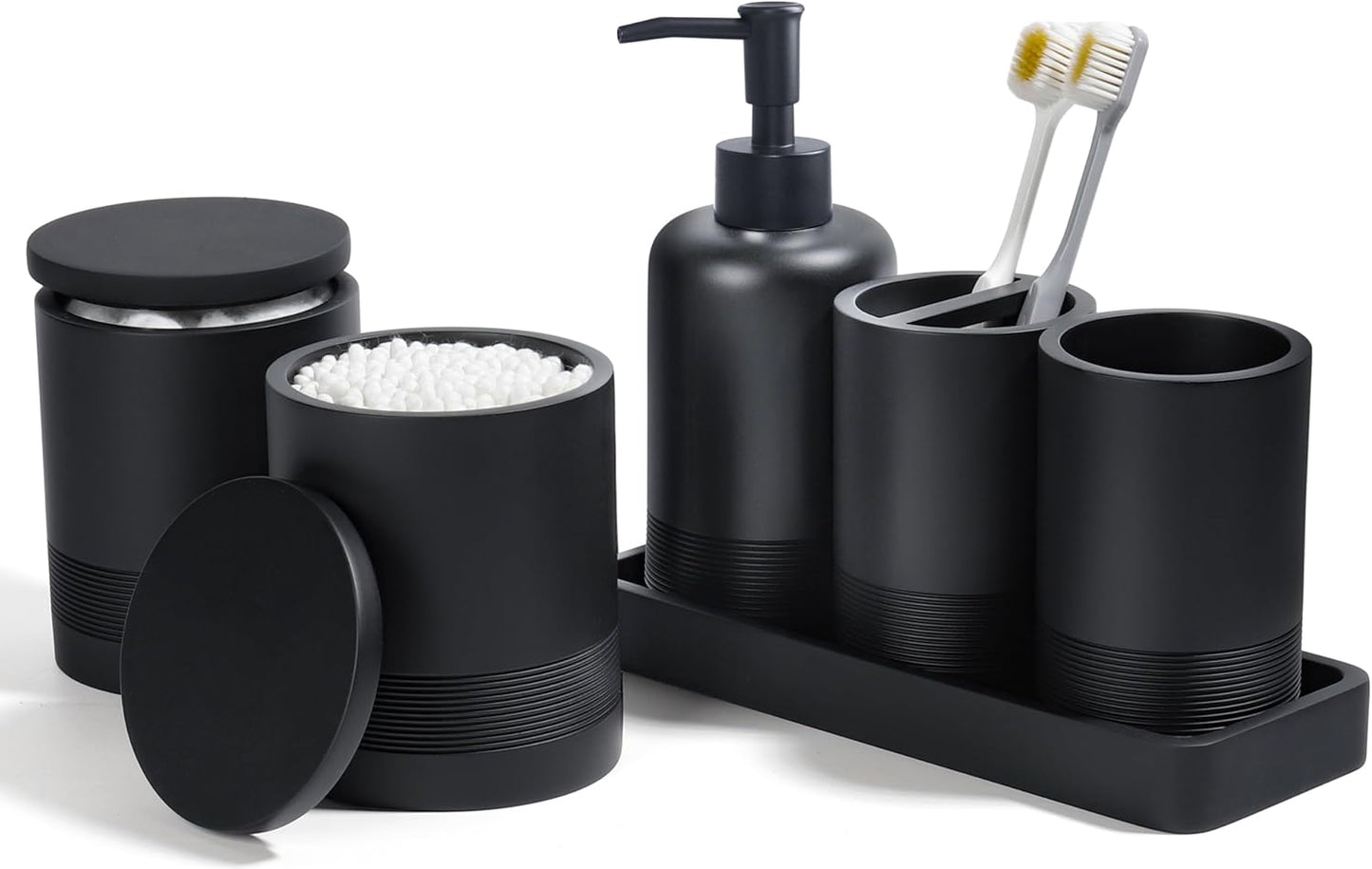 Bathroom Accessories Set, 6-Piece Bathroom Accessory Set, Toothbrush Holders Set, Soap Dispenser, Vanity Tray, Tumbler, Cotton Swab Jars, Bathroom Organizer for Modern Bathrooms(Beige)