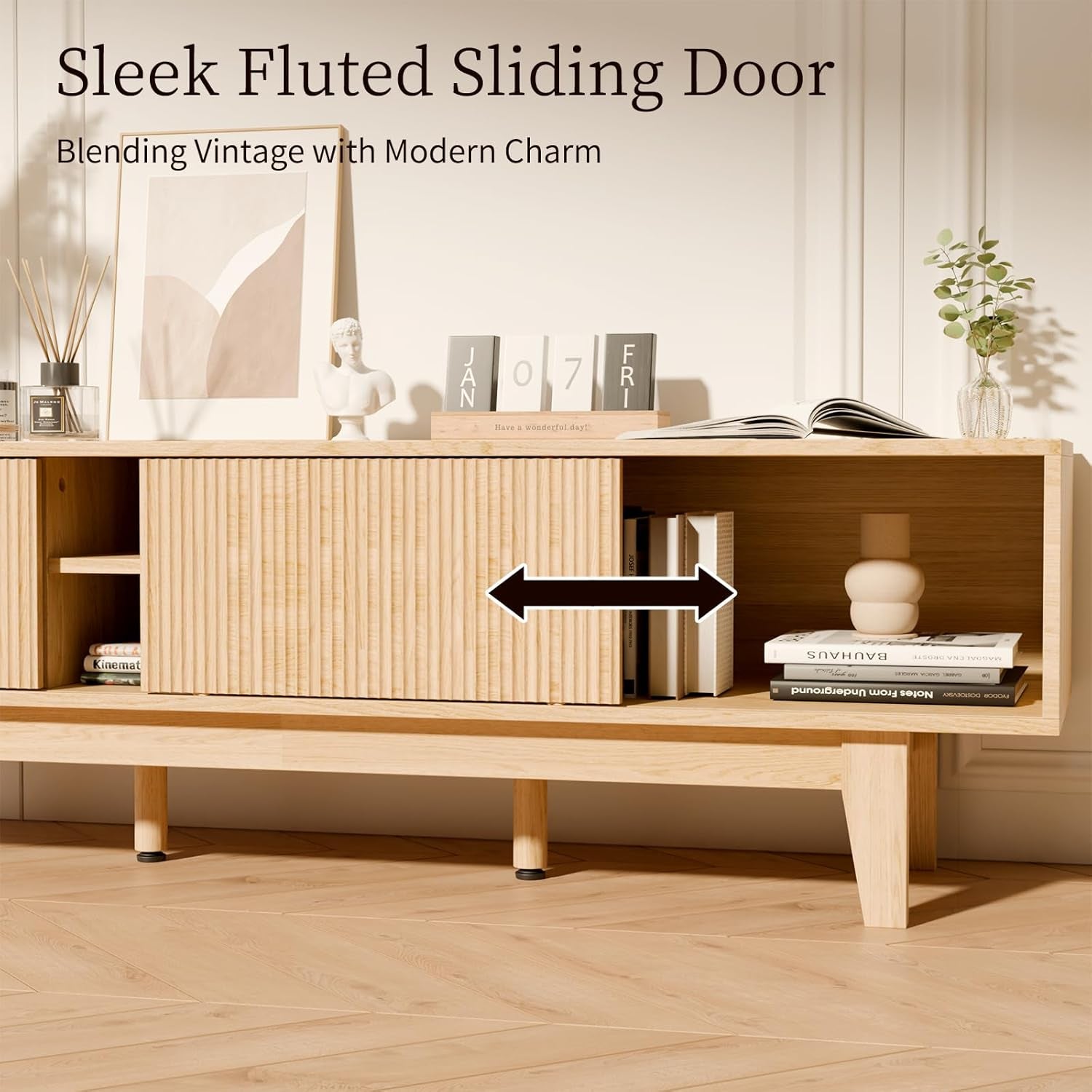 59" Mid-Century Modern TV Stand with Fluted Sliding Doors - Solid Wood Entertainment Center for 55/60/65 Inch TV, Adjustable Shelves, Boho Farmhouse Media Console for Living Room, Bedroom & Office.Oak