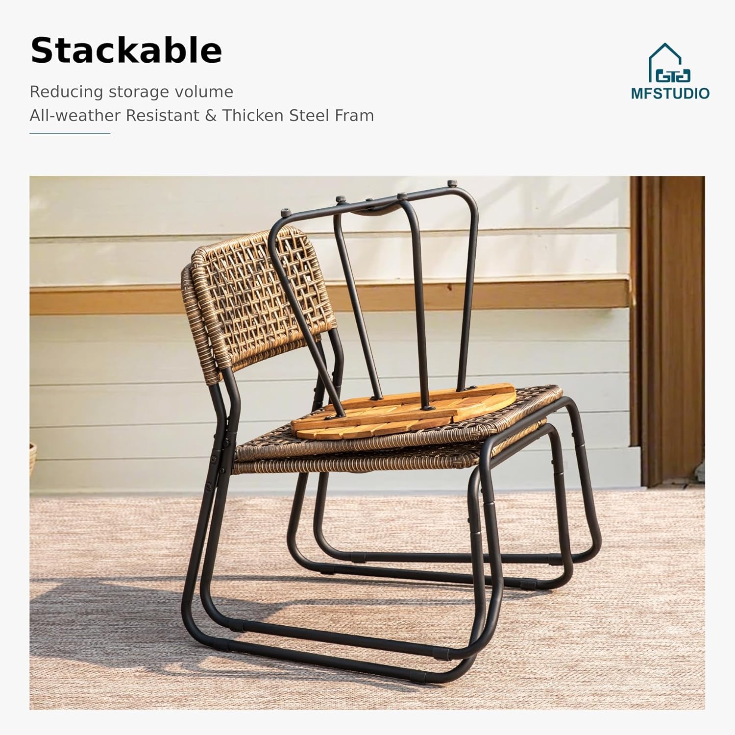 3 Pieces Bistro Wicker Patio Set for 2, Outdoor Wood Bistro Table and Chairs Set of 2, Small Outdoor Dining Seating Sets for 2, Yellow-Brown, Porch, Balcony