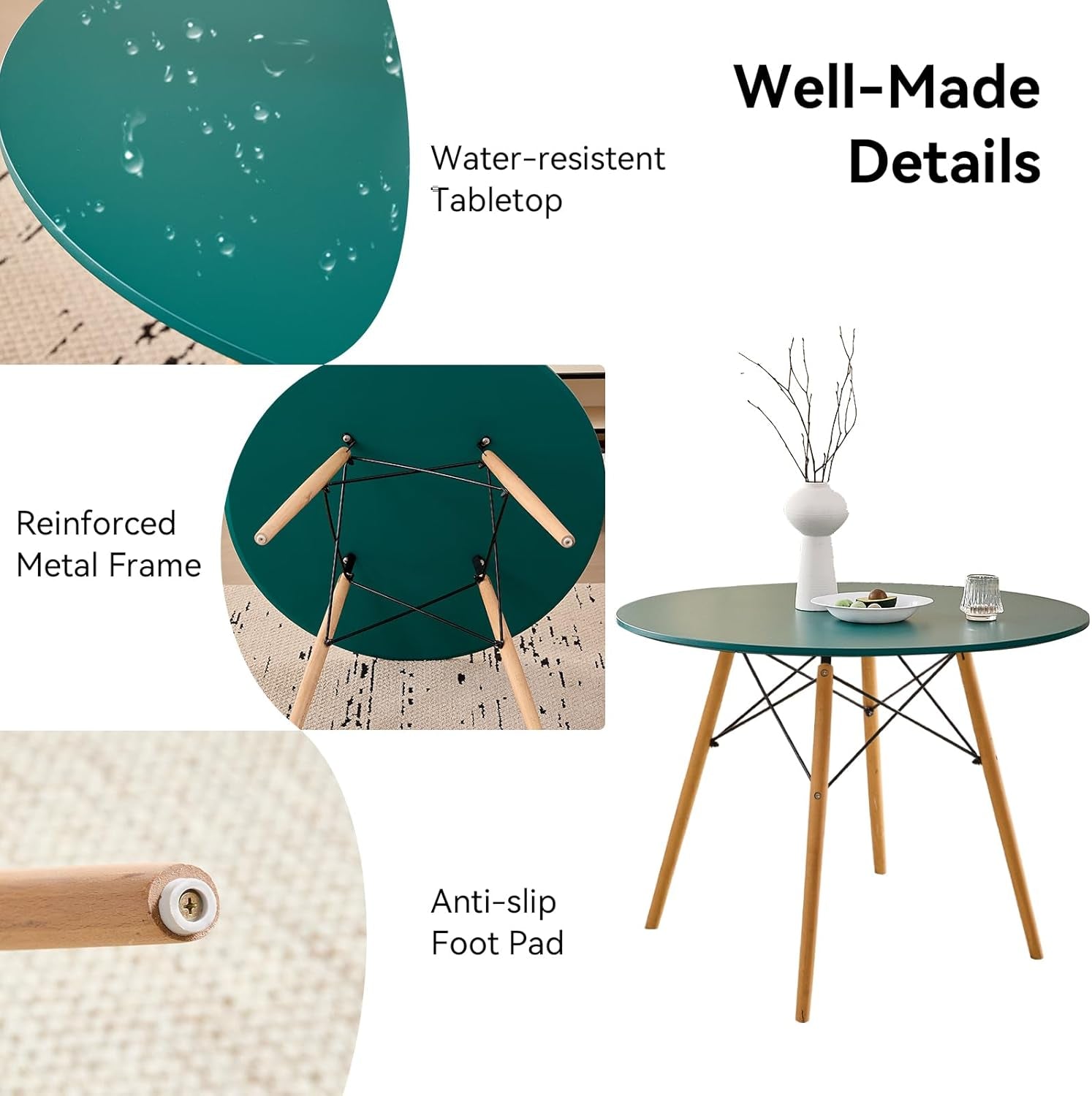 5-Piece round Dining Table Set, Small 31.5" Kitchen Table Chairs Set of 4 Space Saving Furniture, Plastic Seats, Solid Wood Legs, for Living Room Apartment Office Home, Green