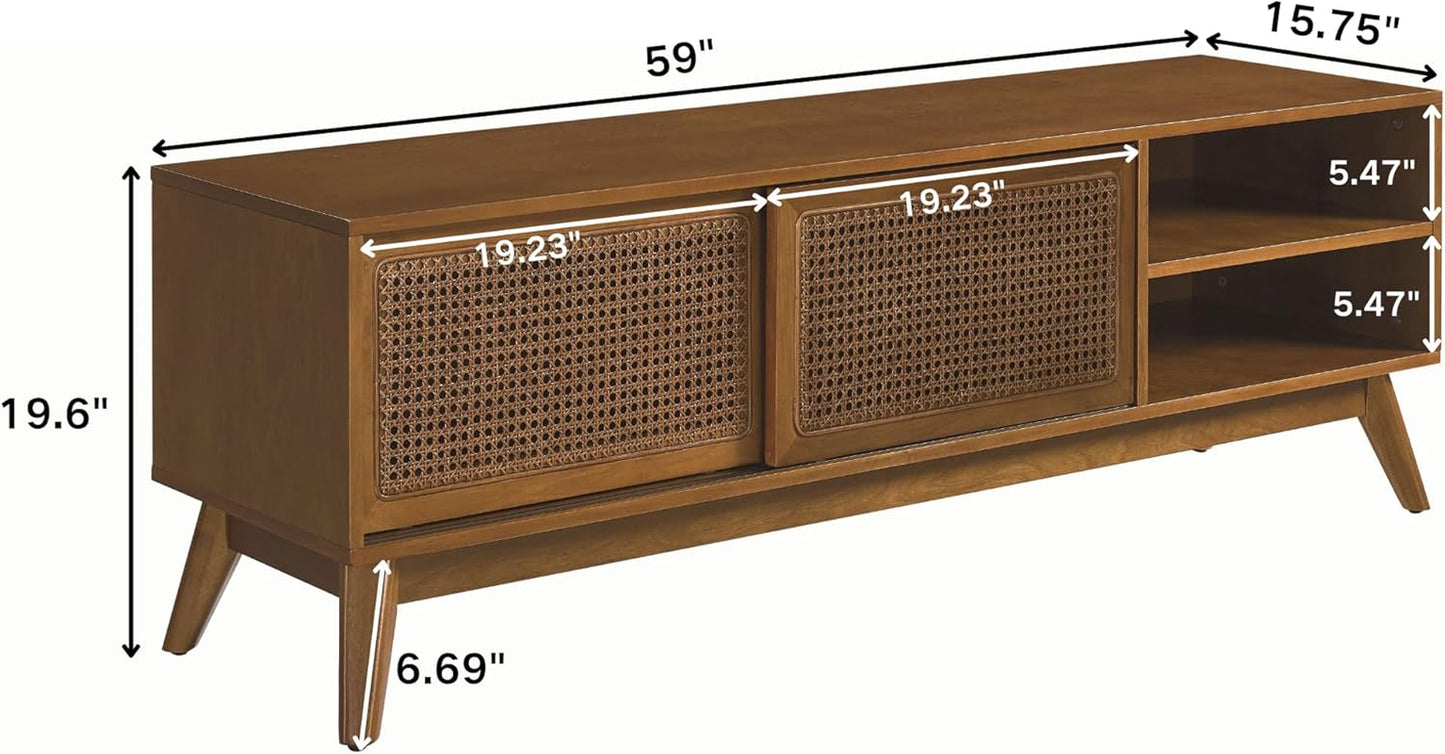 59 Inch Mid Century Modern TV Stand with Rattan Doors, Entertainment Center Media Console for 55/60/65 Inch TV, Boho/Mcm Television Stand for Living Room/Bedroom, Light Wood