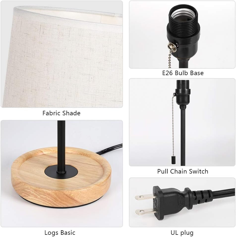 Bedside Table Lamp - Modern Nightstand Lamp with Linen Fabric Shade Wooden Desk Lamps for Bedrooms, Office, College Dorm, Dinning Room, Girls Room - 16 Inches (HT-AD005)