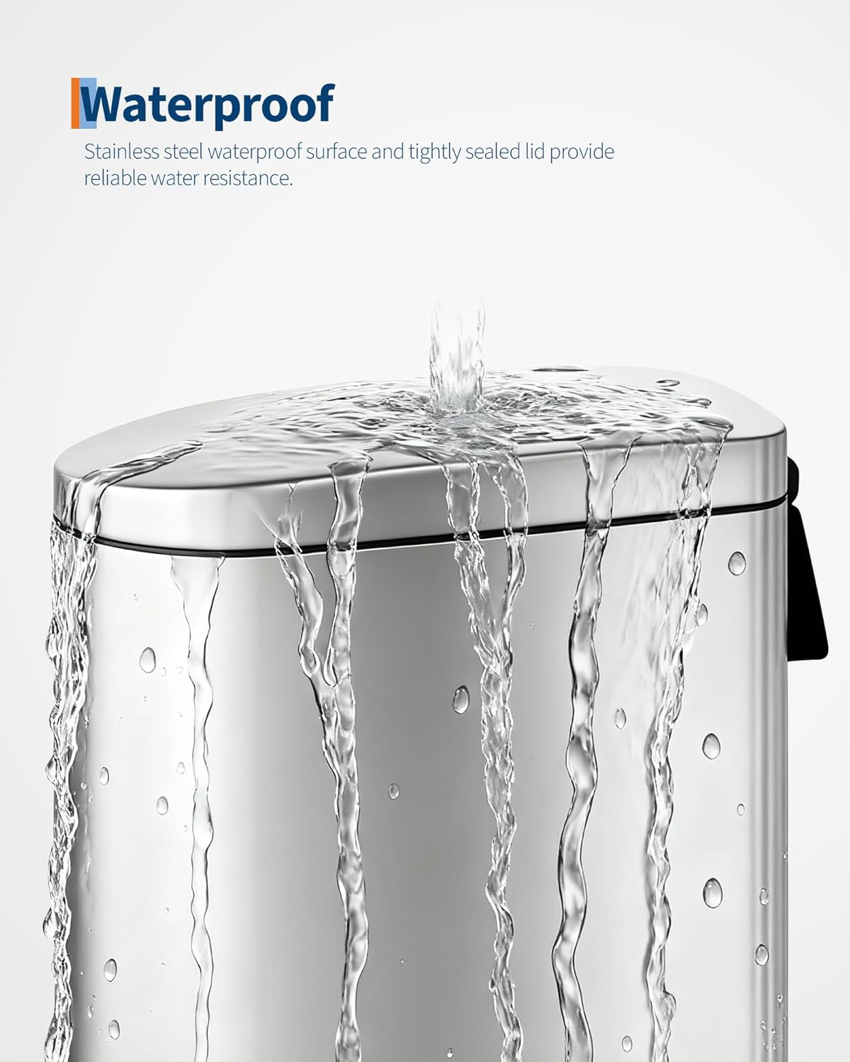 2.6 Gallon / 10 L Stainless Steel Bathroom Trash Can with Lid, Slim Waterproof Garbage Can for Bedroom, Small Step-On Metal Trash Bin with Inner Bucket, Rear Handle, Soft Close Lid, Silver