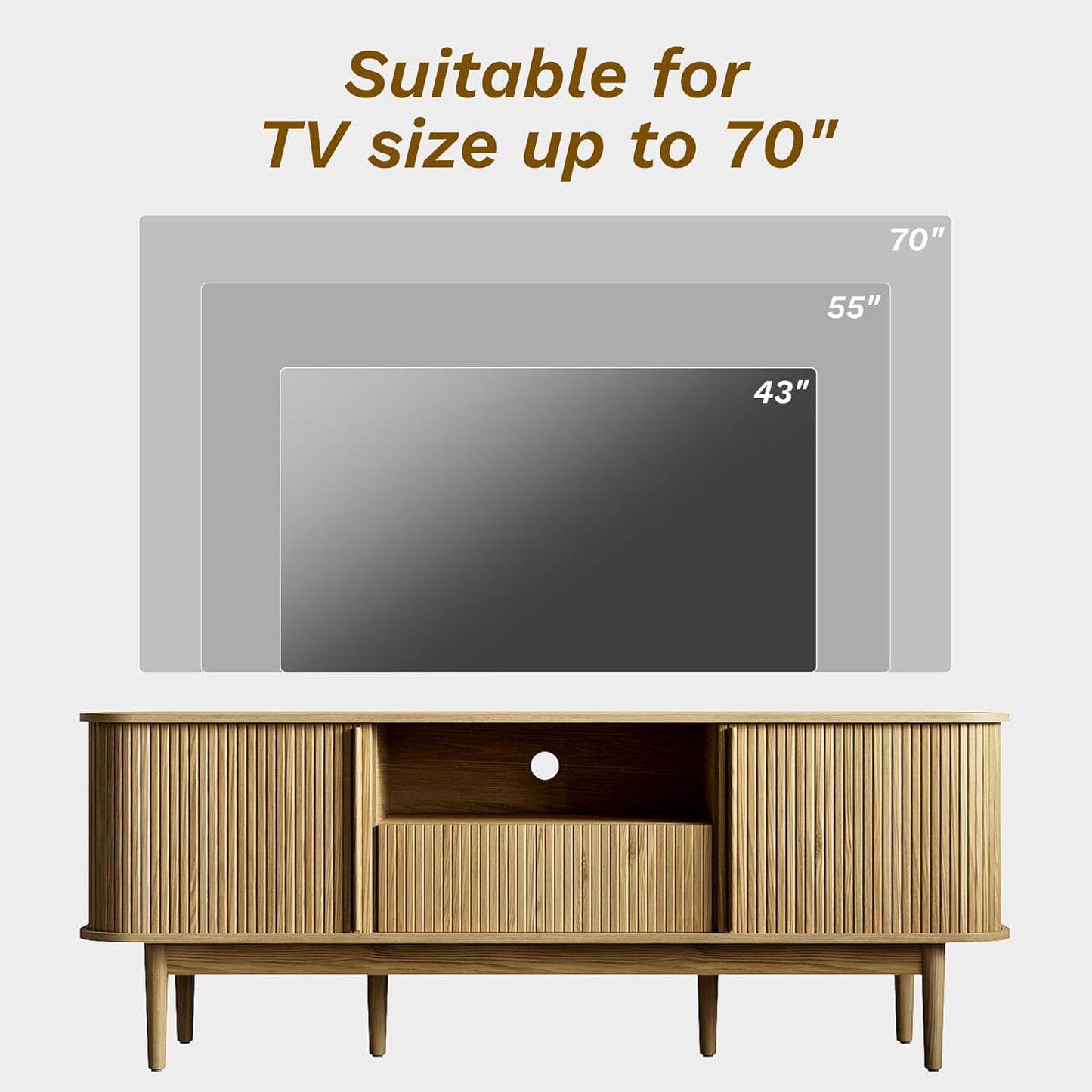 Modern TV Stand for 45/55/70 Inch TV, Entertainment Center with Sliding Doors and Storage, Wood TV Stand for Bedroom, Living Room, Natural