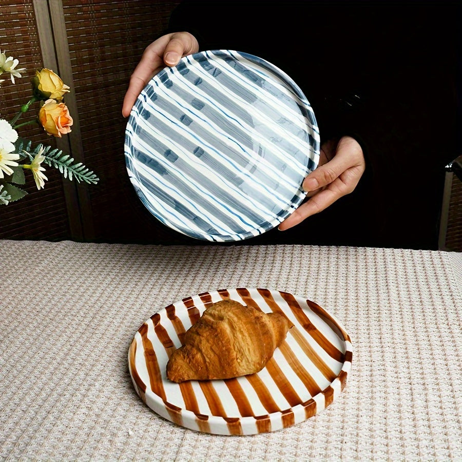 Striped Ceramic Dinner Plate – Modern Round Tableware
