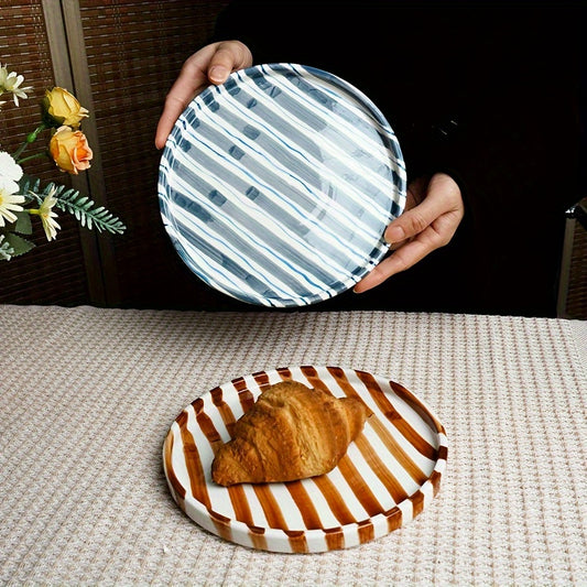 Striped Ceramic Dinner Plate – Modern Round Tableware