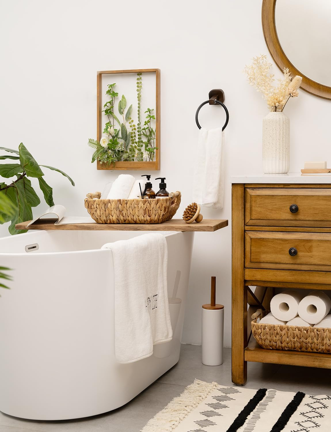 Hand-Woven Large Storage Baskets with Wooden Handles, Water Hyacinth Wicker Baskets for Organizing, 2-Pack