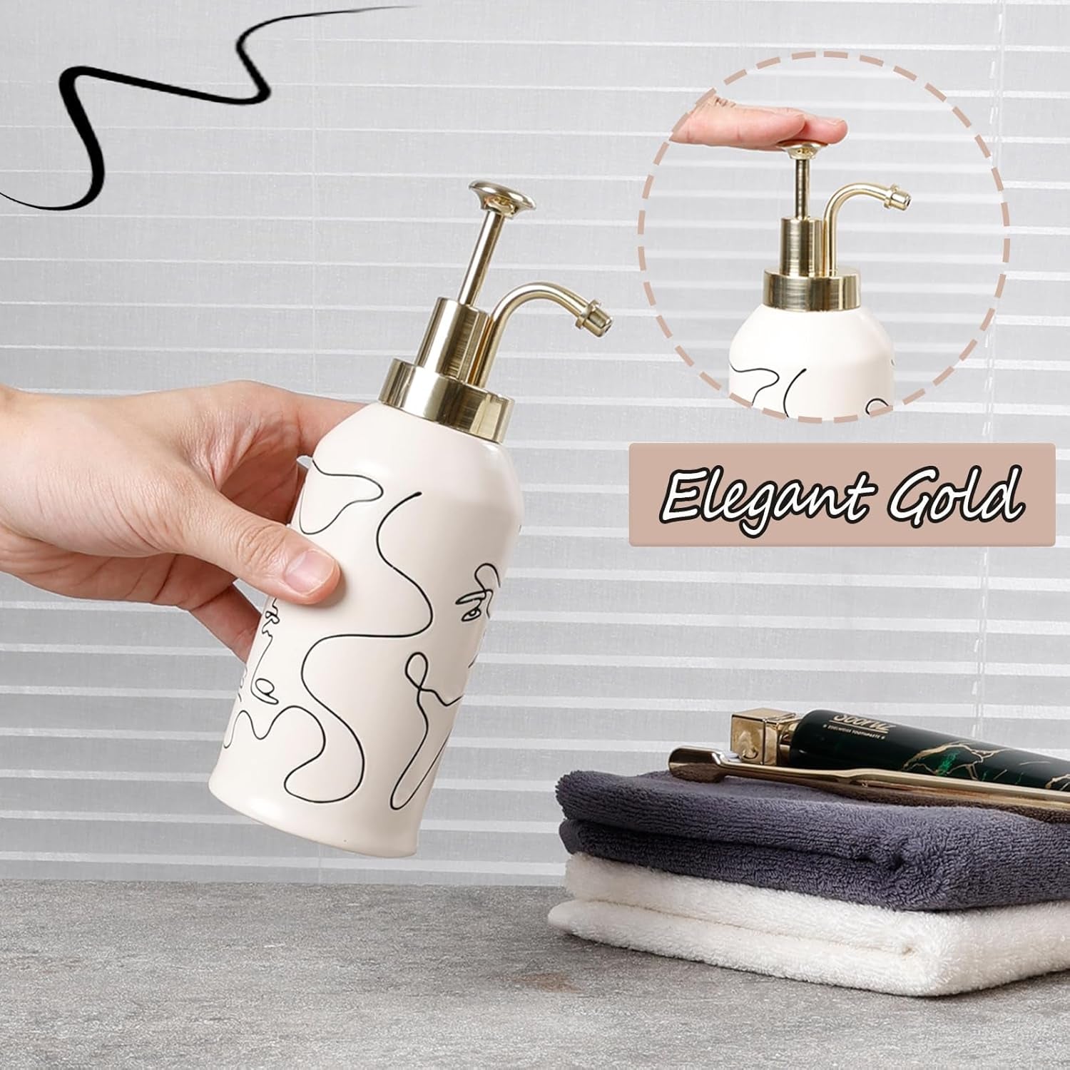 4 Piece Ceramic Bathroom Accessory Set, Artistic Line Face Bathroom Sets Accessories with Soap Dispenser, Toothbrush Holder, Tumbler, Soap Dish, Abstract Bathroom Set for Decor, off White