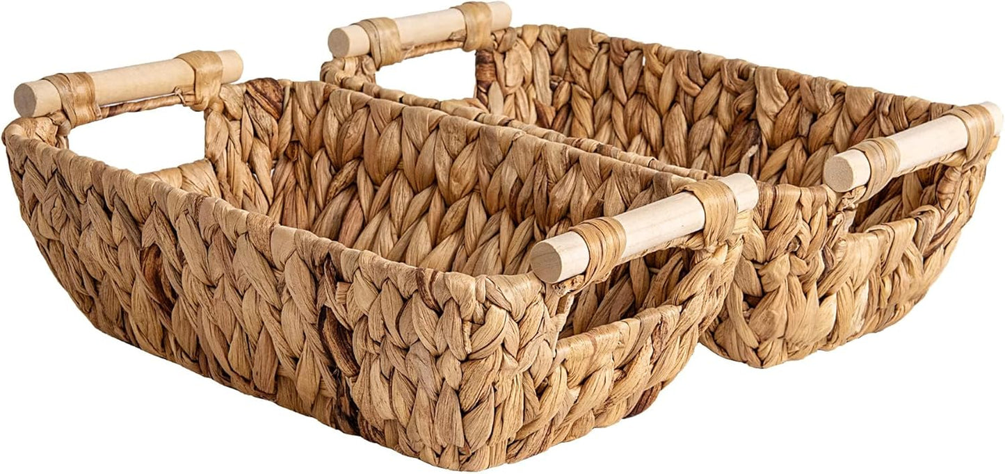Hand-Woven Large Storage Baskets with Wooden Handles, Water Hyacinth Wicker Baskets for Organizing, 2-Pack