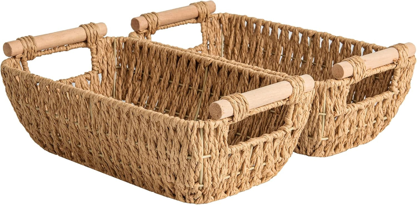 Hand-Woven Large Storage Baskets with Wooden Handles, Water Hyacinth Wicker Baskets for Organizing, 2-Pack
