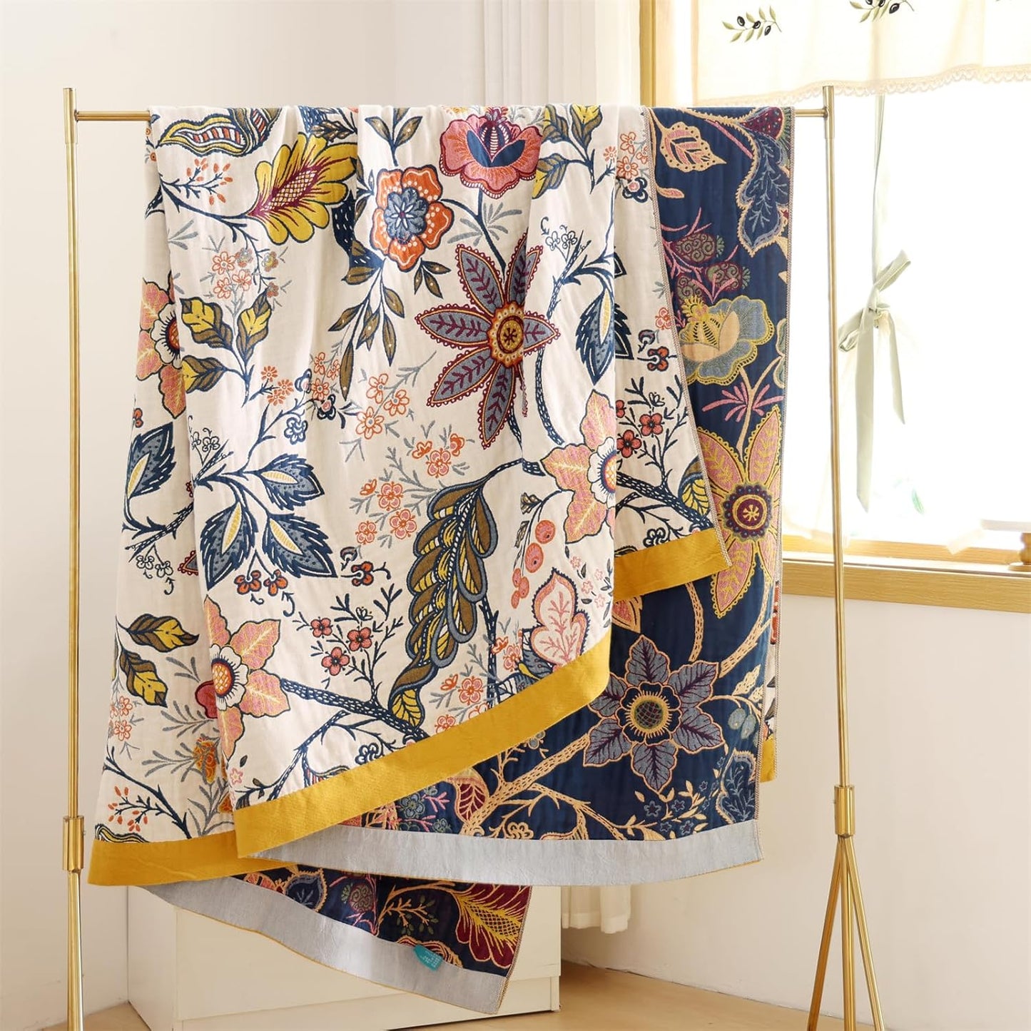 Boho Throw Blanket, 100% Cotton Ultra Soft Luxury Throw Rustic Quilt, Muslin Breathable Soft Bed Throw ，All Throw for Sofa Couch Chair 60×80 Inch (Purple Flower Branch, 60X80 Inch)