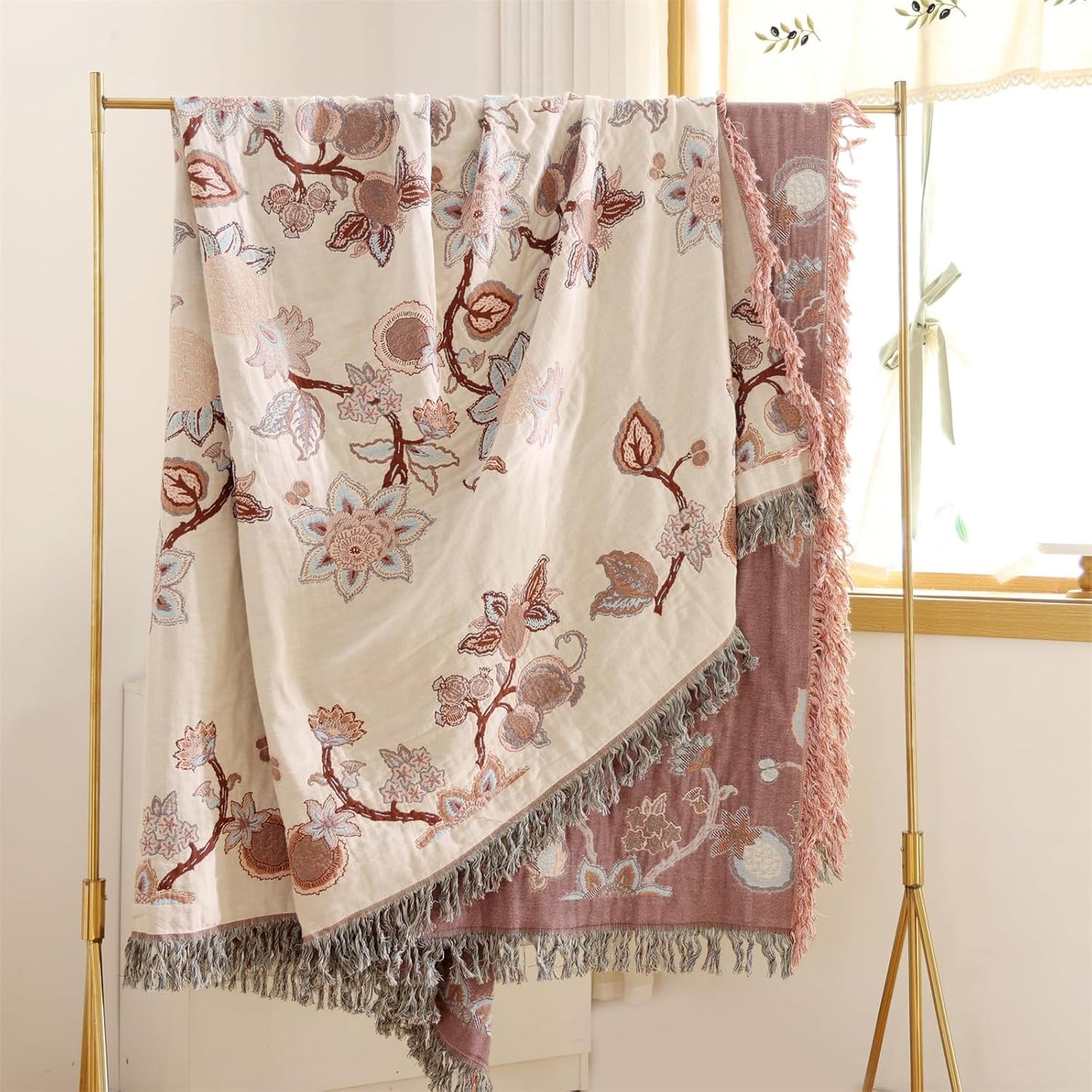 Boho Throw Blanket, 100% Cotton Ultra Soft Luxury Throw Rustic Quilt, Muslin Breathable Soft Bed Throw ，All Throw for Sofa Couch Chair 60×80 Inch (Purple Flower Branch, 60X80 Inch)