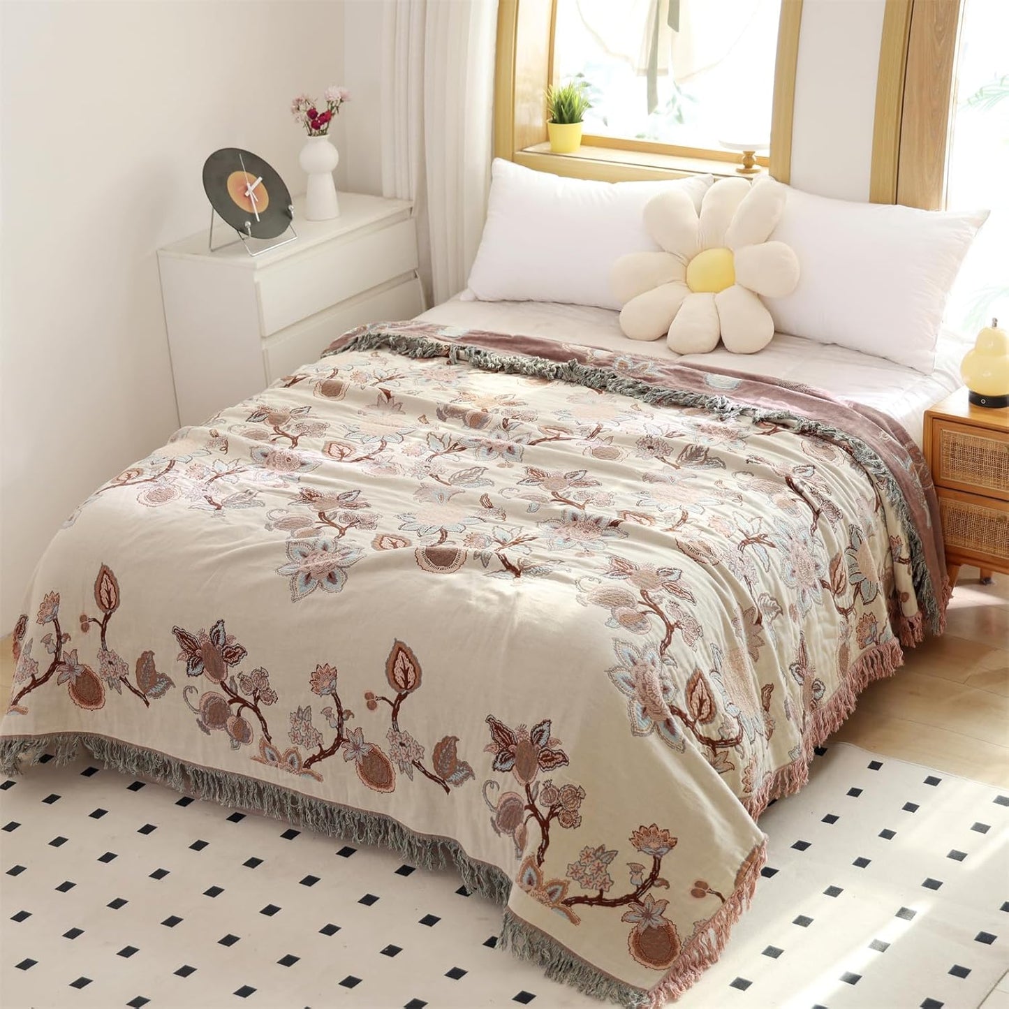 Boho Throw Blanket, 100% Cotton Ultra Soft Luxury Throw Rustic Quilt, Muslin Breathable Soft Bed Throw ，All Throw for Sofa Couch Chair 60×80 Inch (Purple Flower Branch, 60X80 Inch)