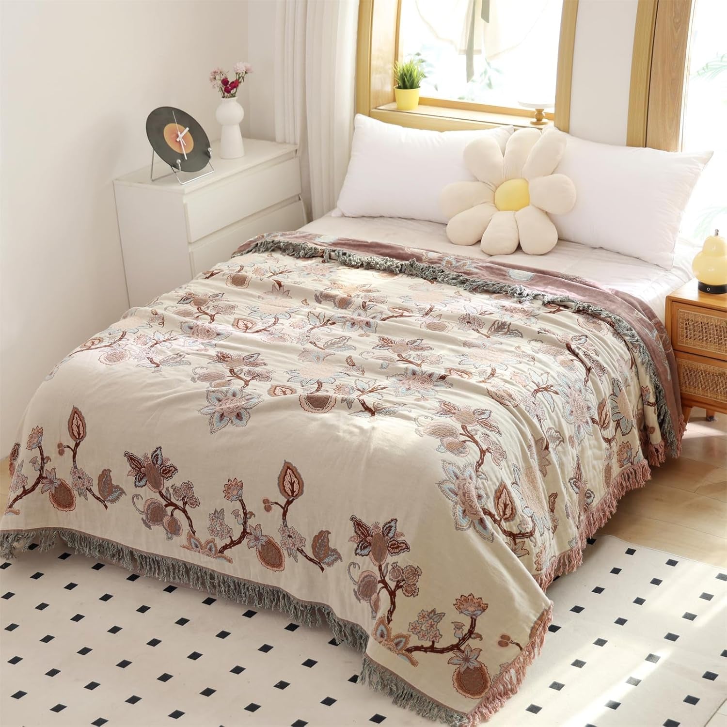 Boho Throw Blanket, 100% Cotton Ultra Soft Luxury Throw Rustic Quilt, Muslin Breathable Soft Bed Throw ，All Throw for Sofa Couch Chair 60×80 Inch (Purple Flower Branch, 60X80 Inch)