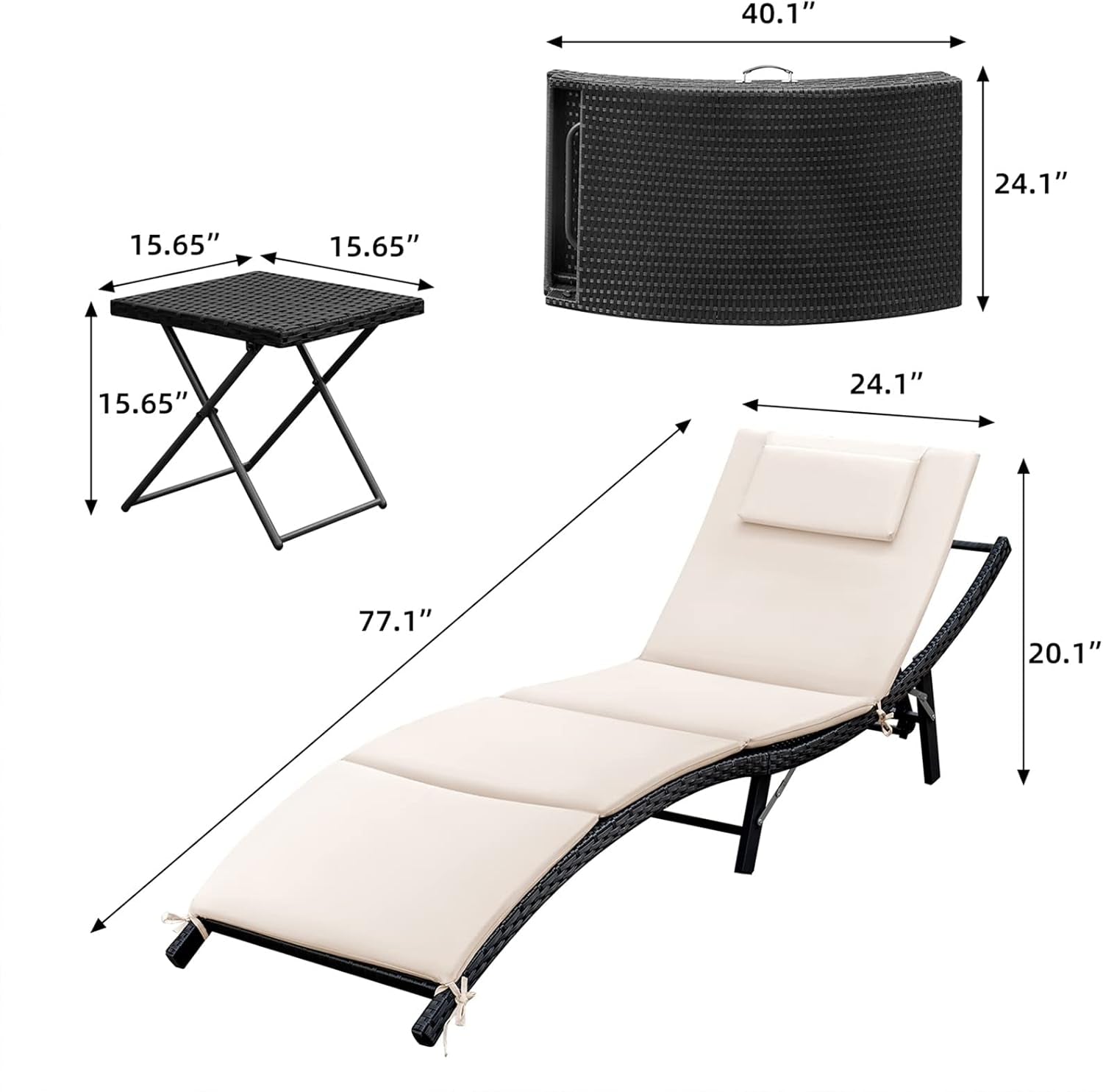 Lounge Chairs for outside 3 Pieces Patio Adjustable Chaise Lounge Outdoor Wicker Lounge Chairs Set of 2 with Table Folding Chaise Lounger for Poolside, Deck, Lawn (Beige)