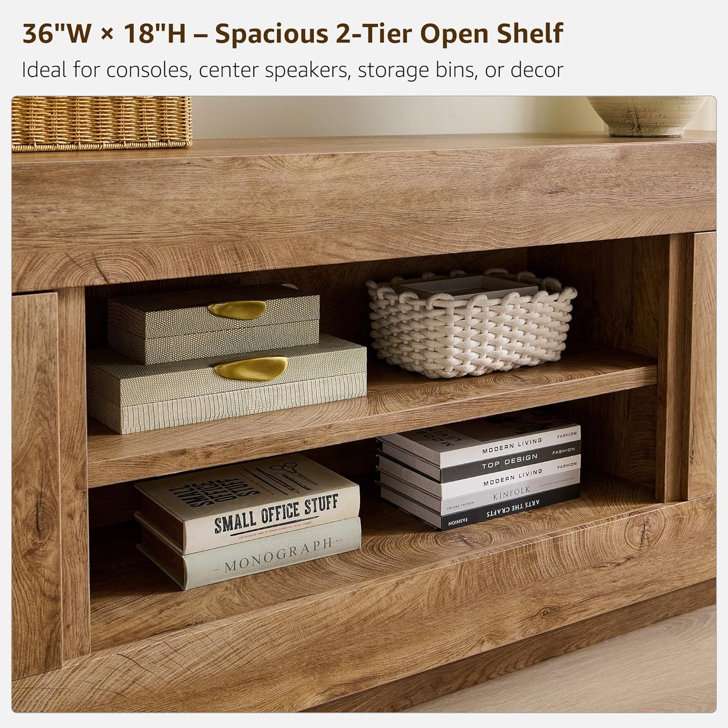 Modern 70" TV Stand, Entertainment Center for Tvs up to 80", Media Console with Large Open Storage & Side Cabinets, Thick Wood Design for Living Room, Light Knotty Oak
