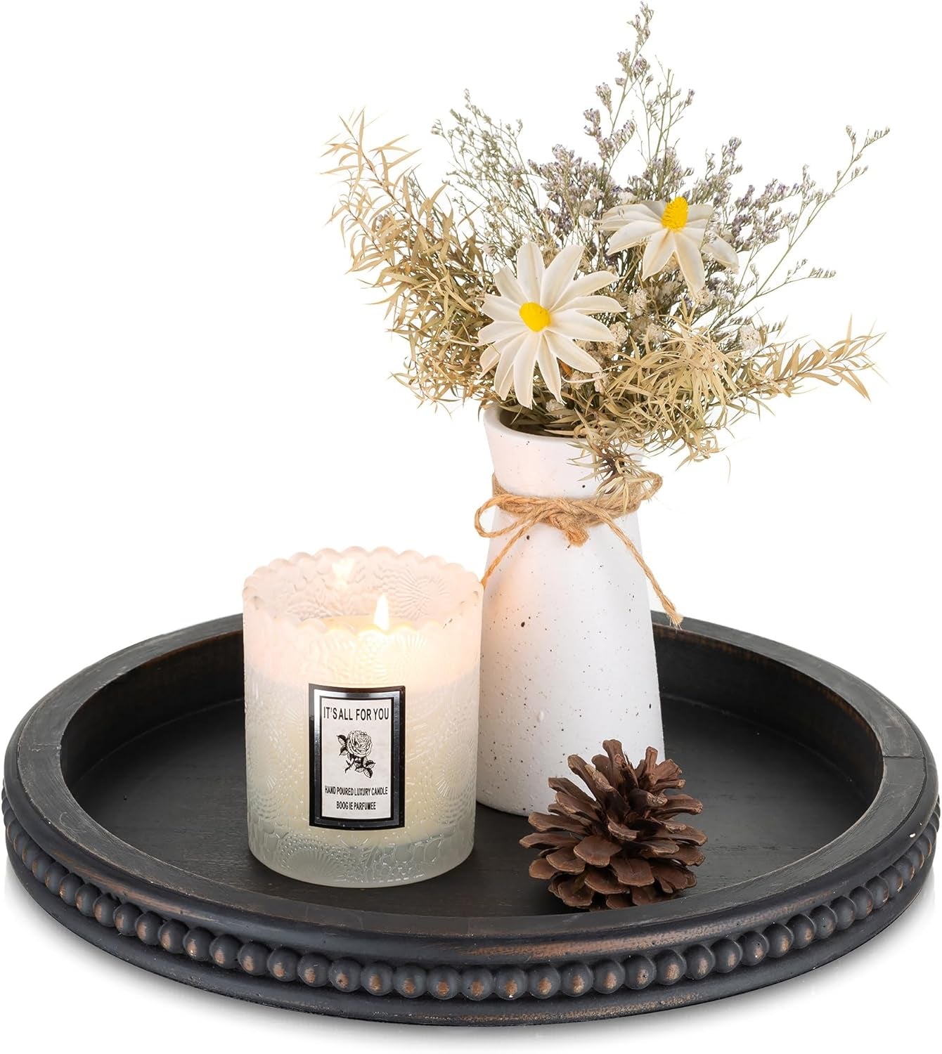 Decorative Serving Tray Wood: White Washed Bead round Tray Decor for Coffee Table Rustic Wooden Trays Farmhouse Centerpiece for Living Room Kitchen Counter